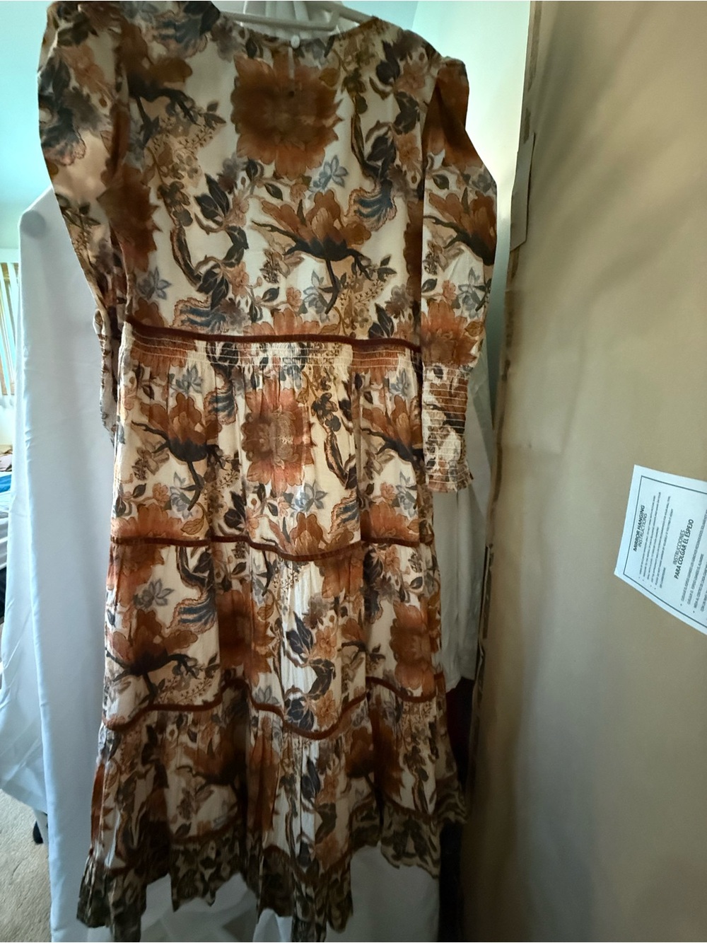 Floral Tiered Long Sleeve Dress in Brown and Cream